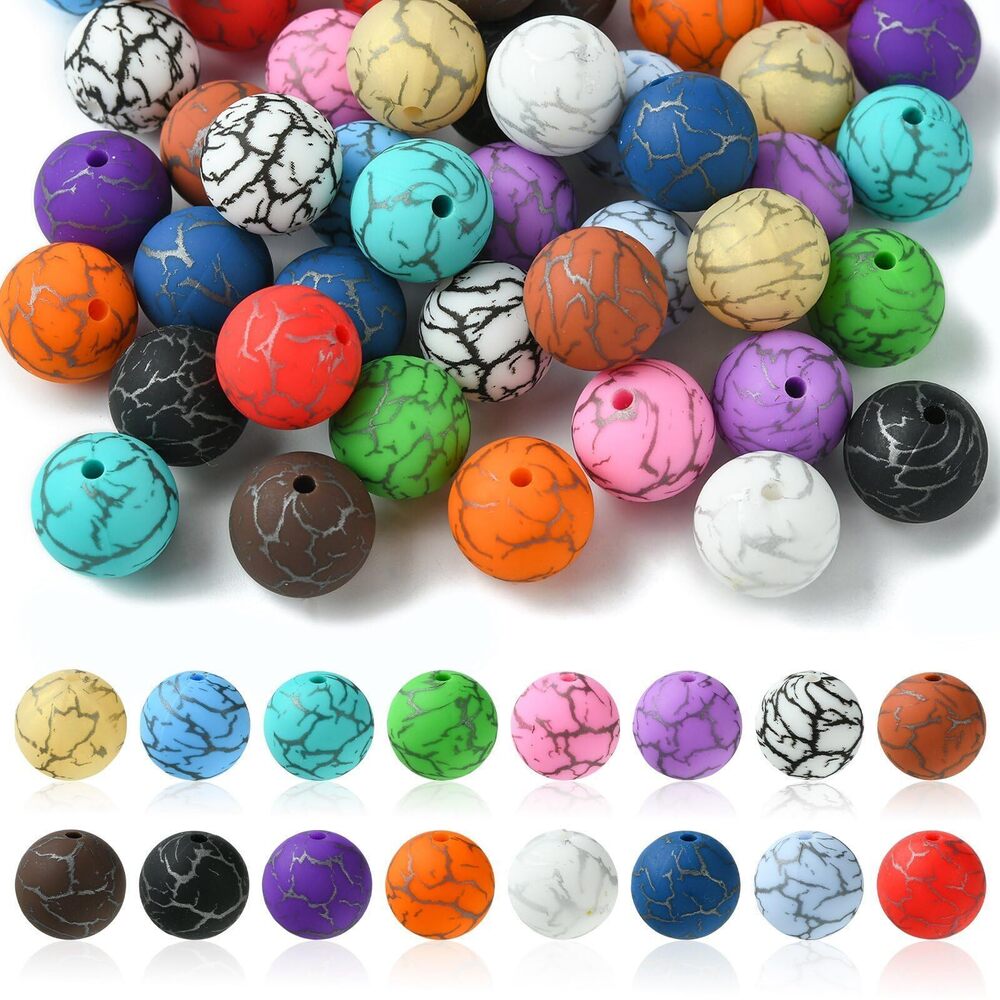 4175 50pcs Random 15mm Round Silicone Beads Rainbow Color Pattern Gumball